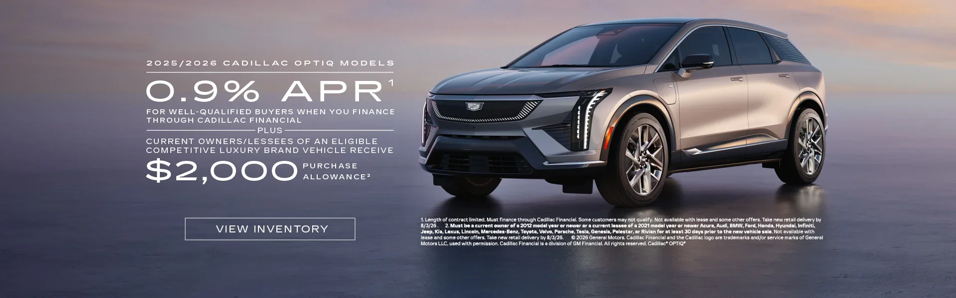 2025 and 2026 Cadillac OPTIQ. 0.9% APR plus $2,000 purchase 